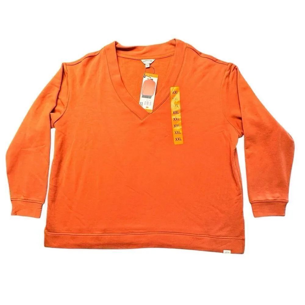 Orvis Sz XXL Women's Orange V-Neck Dropped Shoulders Sweatshirt Super Soft NWT